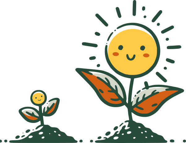 A cartoon of a sapling standing beside another larger plant. Both have smiling faces in a cartoon style.