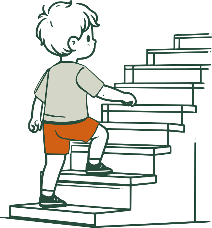 A child climbs up a staircase. Cartoon image.